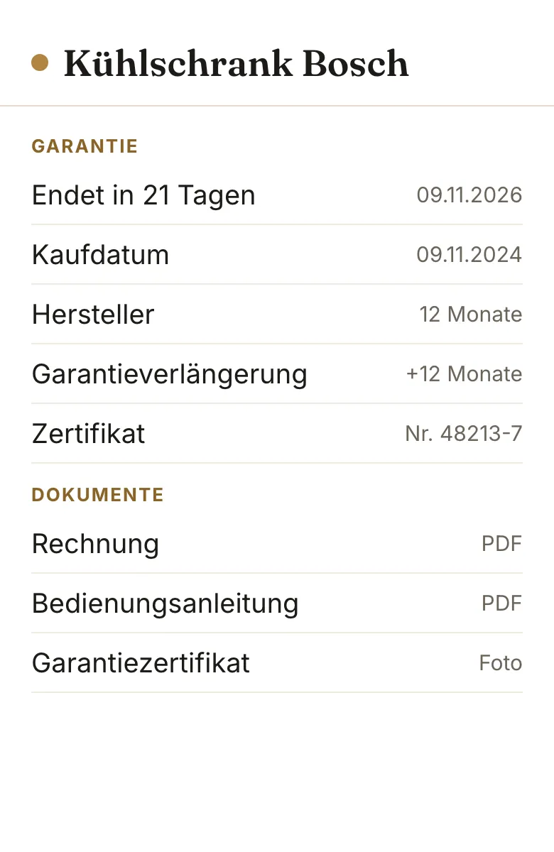 Mockup der Details zum Kühlschrank, mit der Garantie und gespeicherter Rechnung, Anleitung und Zertifikat