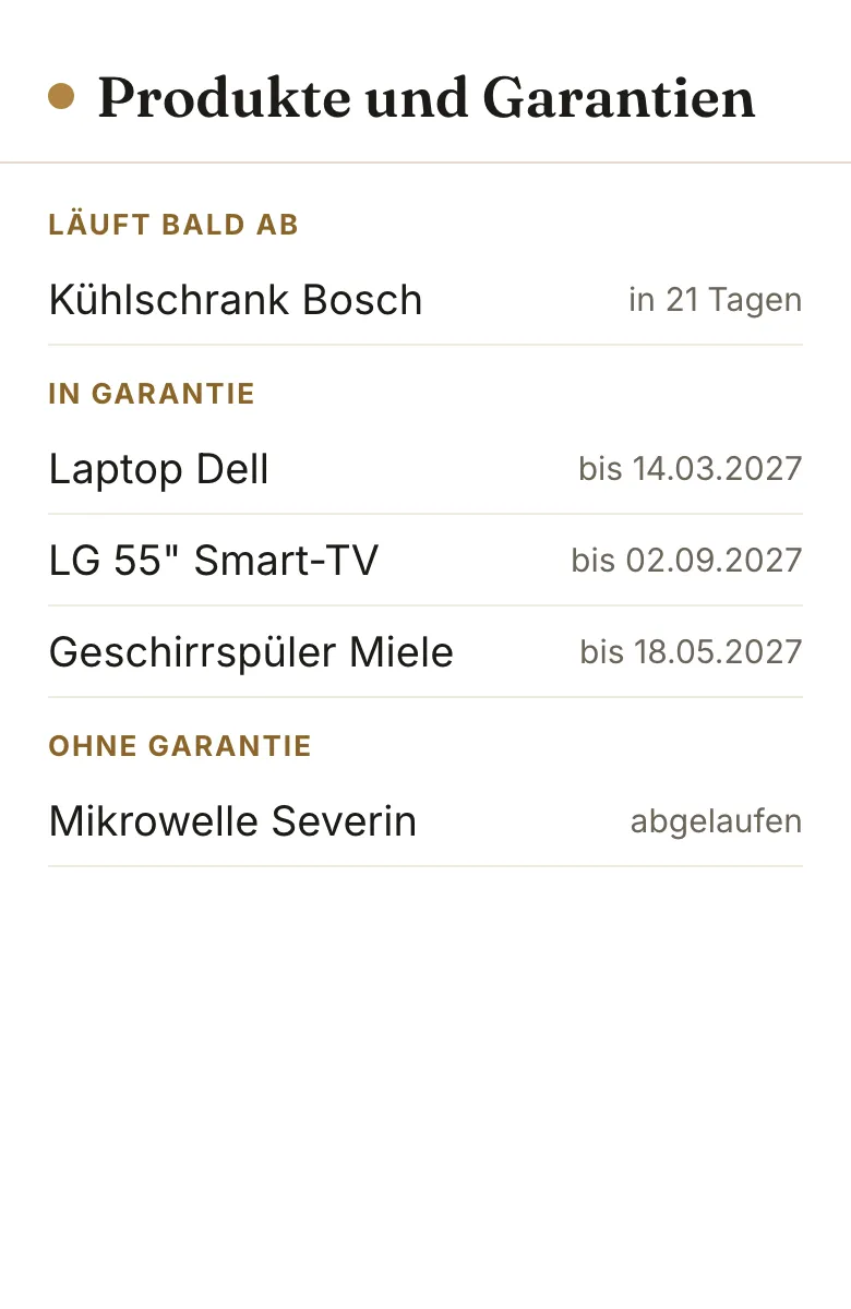 Mockup der Produktliste des Haushalts, gruppiert nach Garantiestatus