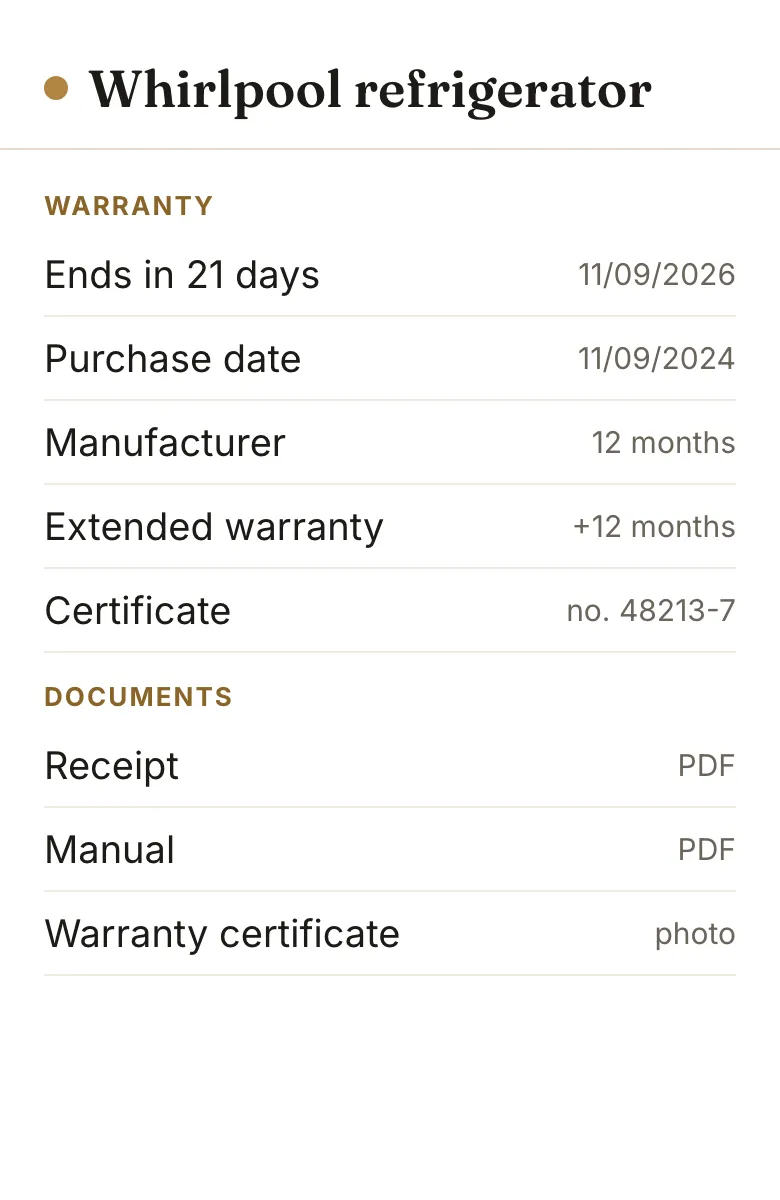 Mockup of the fridge's details, with the warranty and the saved receipt, manual and certificate