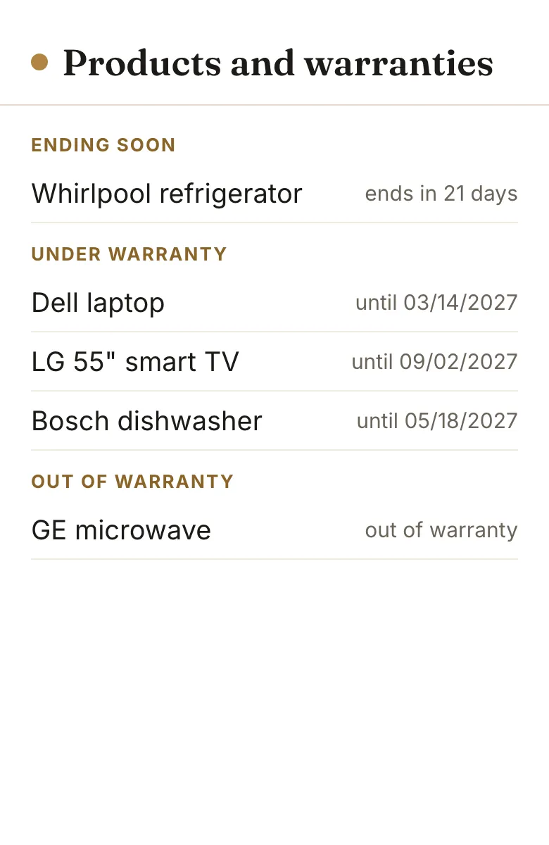 Mockup of the household's product list, grouped by warranty status