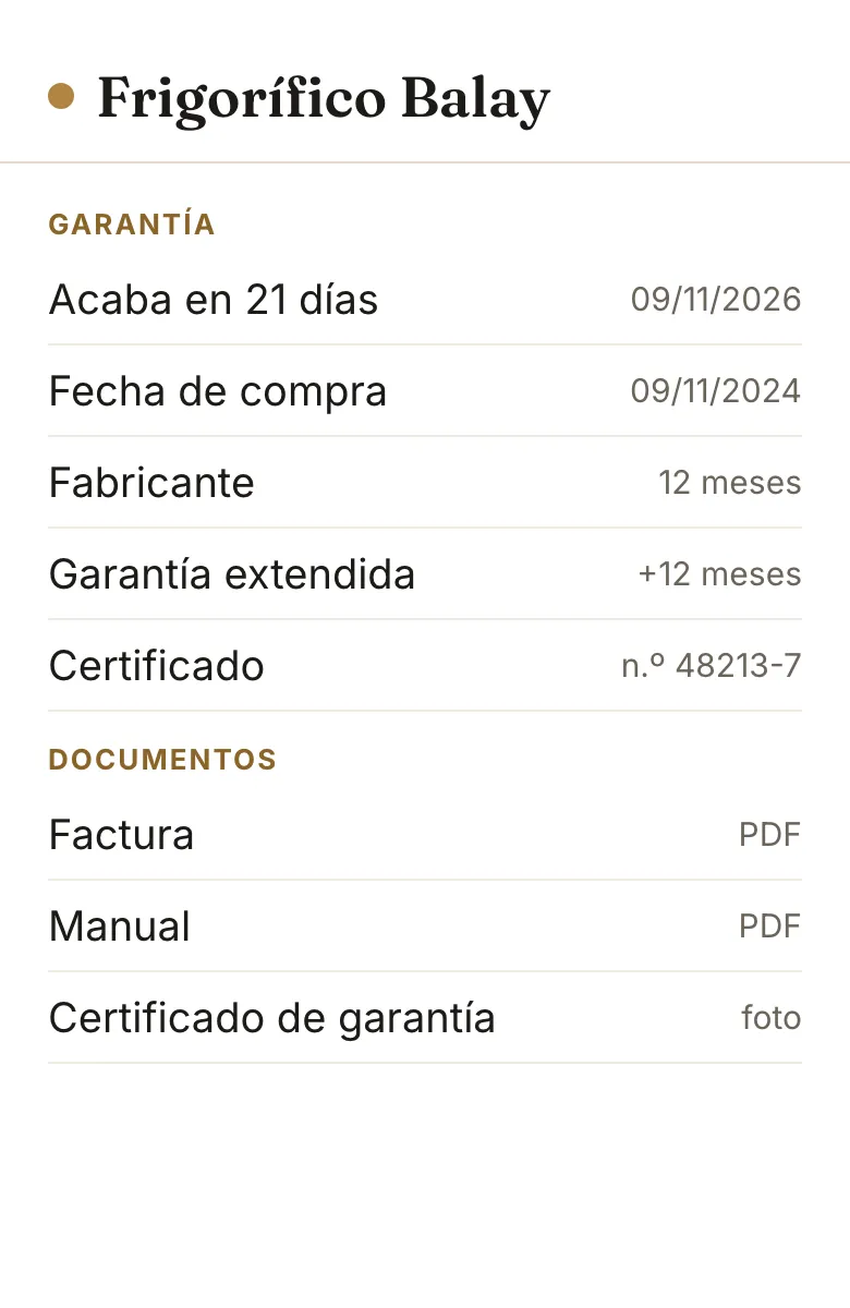 Maqueta del detalle del frigorífico, con la garantía y la factura, el manual y el certificado guardados