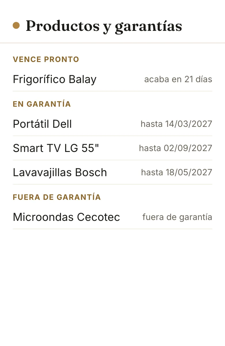 Maqueta de la lista de productos de la casa, agrupada según el estado de la garantía