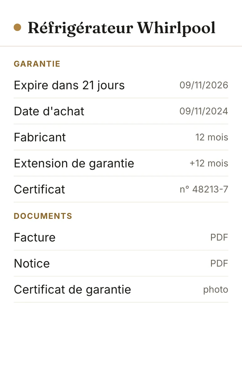 Maquette de la fiche du réfrigérateur, avec la garantie et la facture, la notice et le certificat enregistrés
