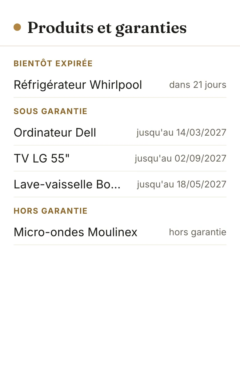Maquette de la liste des produits de la maison, groupés selon l'état de la garantie