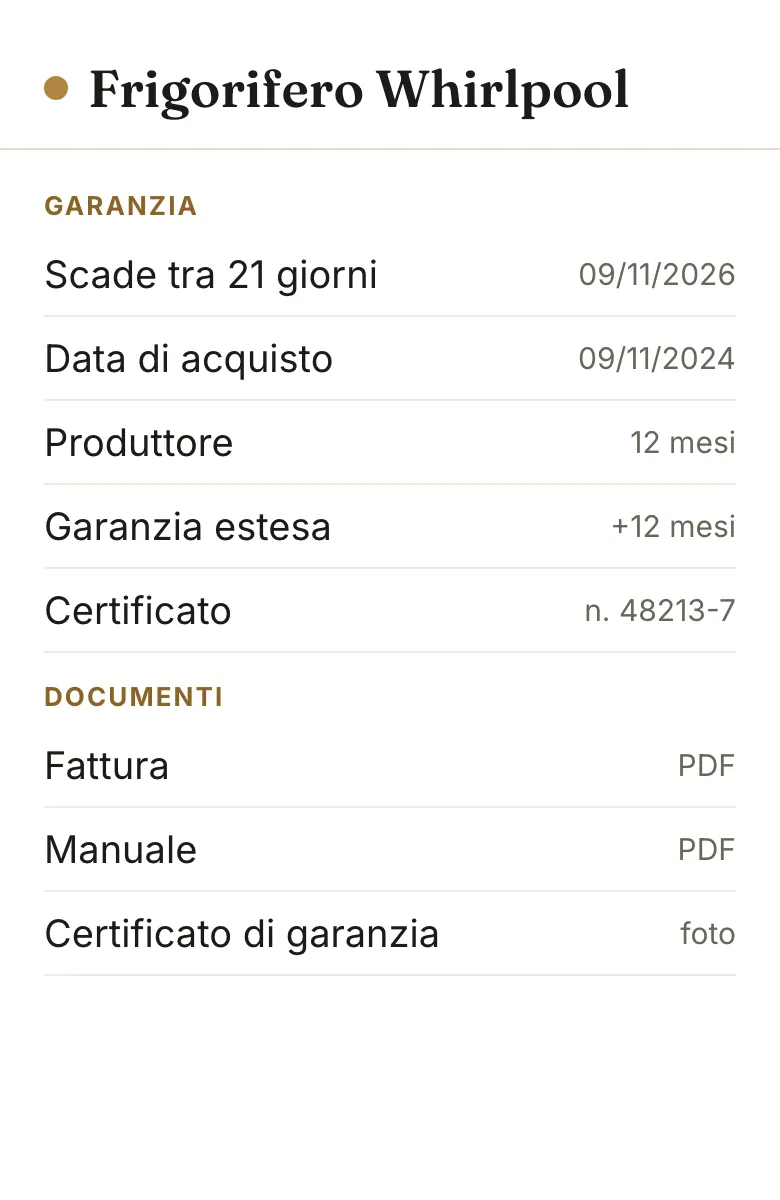 Bozza della scheda del frigorifero, con la garanzia e lo scontrino, il manuale e il certificato salvati