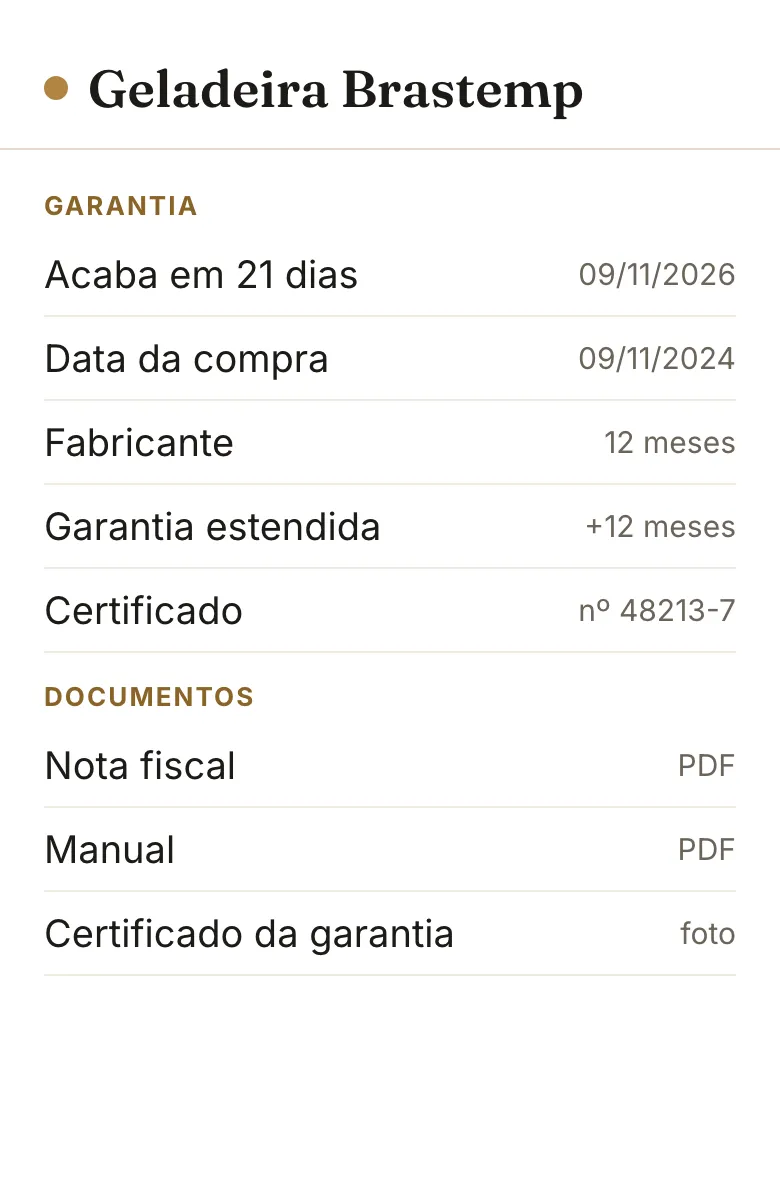 Maquete do detalhe da geladeira, com a garantia e a nota fiscal, o manual e o certificado guardados