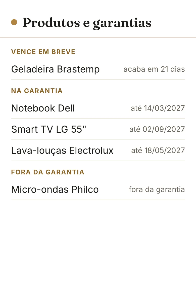Maquete da lista de produtos da casa, agrupada pela situação da garantia