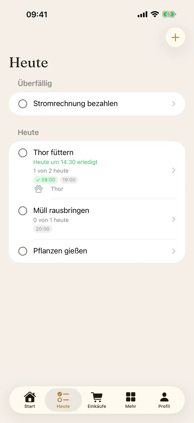 Heute-Ansicht der App auf dem iPhone mit den Aufgaben des Tages und ihren Uhrzeiten