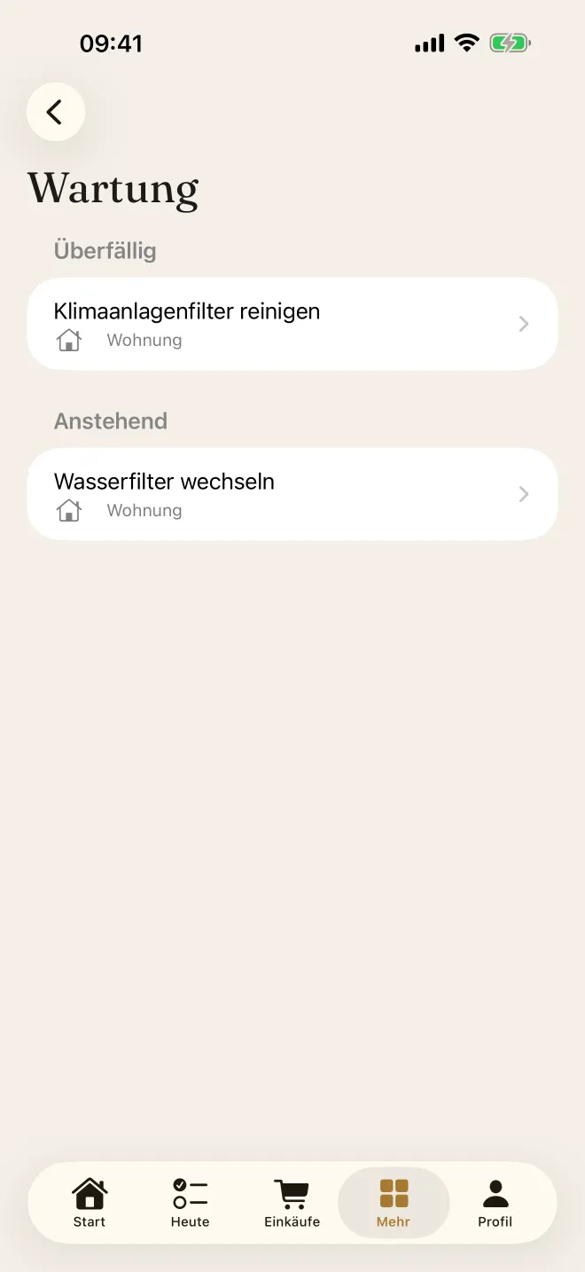 Hauswartung mit überfälligen und anstehenden Punkten