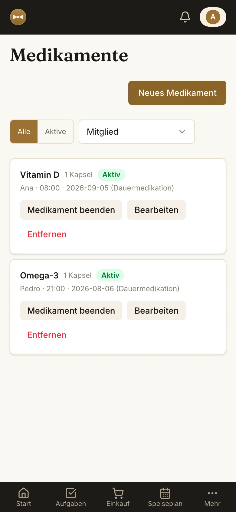 Medikamente der Familie mit Dosis und Erinnerungszeiten