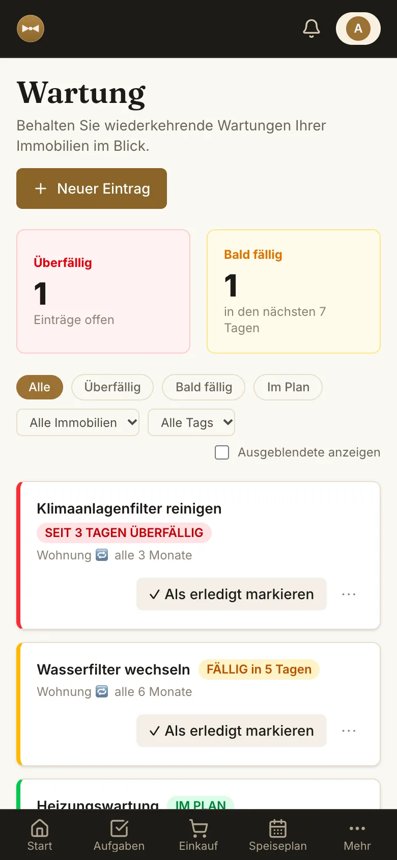 Wartung im Haushalt mit Überfälligem und bald Fälligem