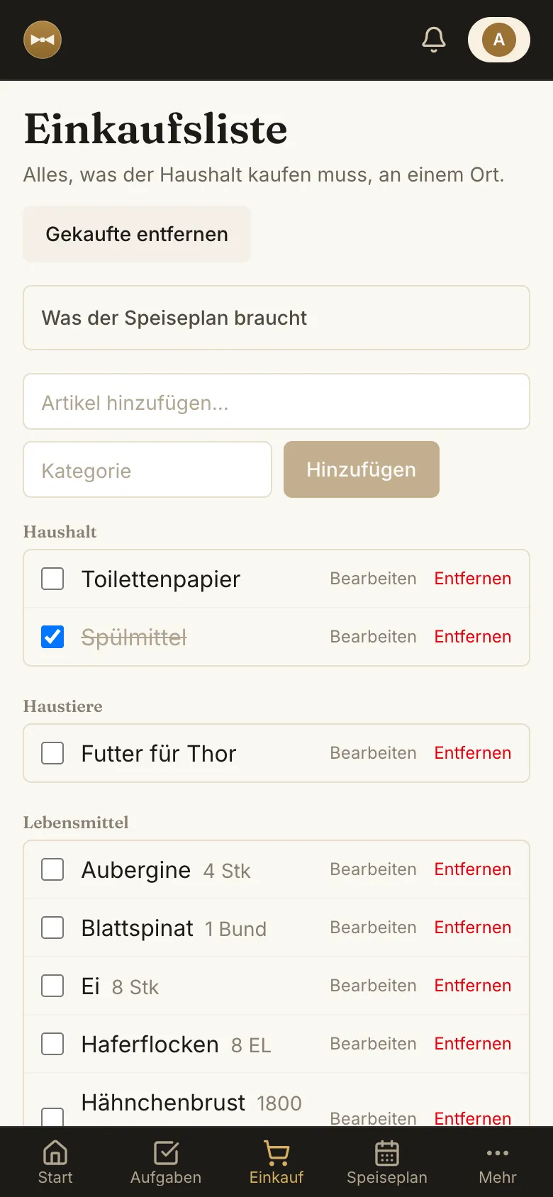 Einkaufsliste aus dem Speiseplan