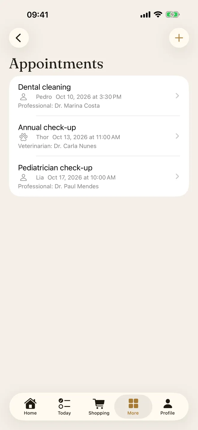 List of appointments for the family and the pet
