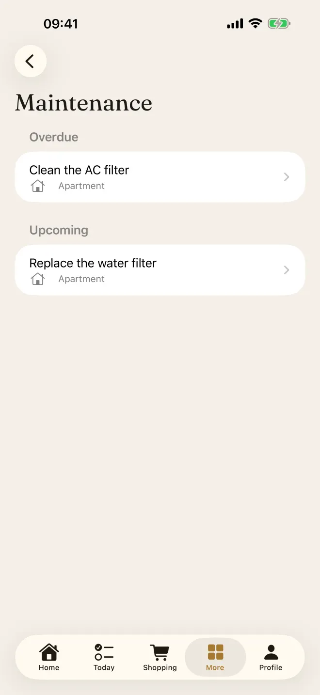 Home maintenance with overdue and upcoming items