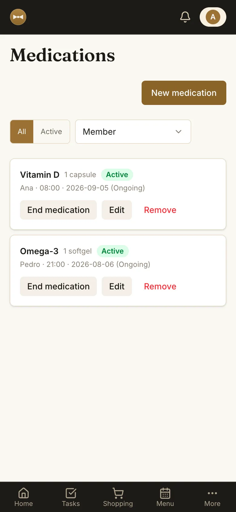 Family medications with doses and reminder times