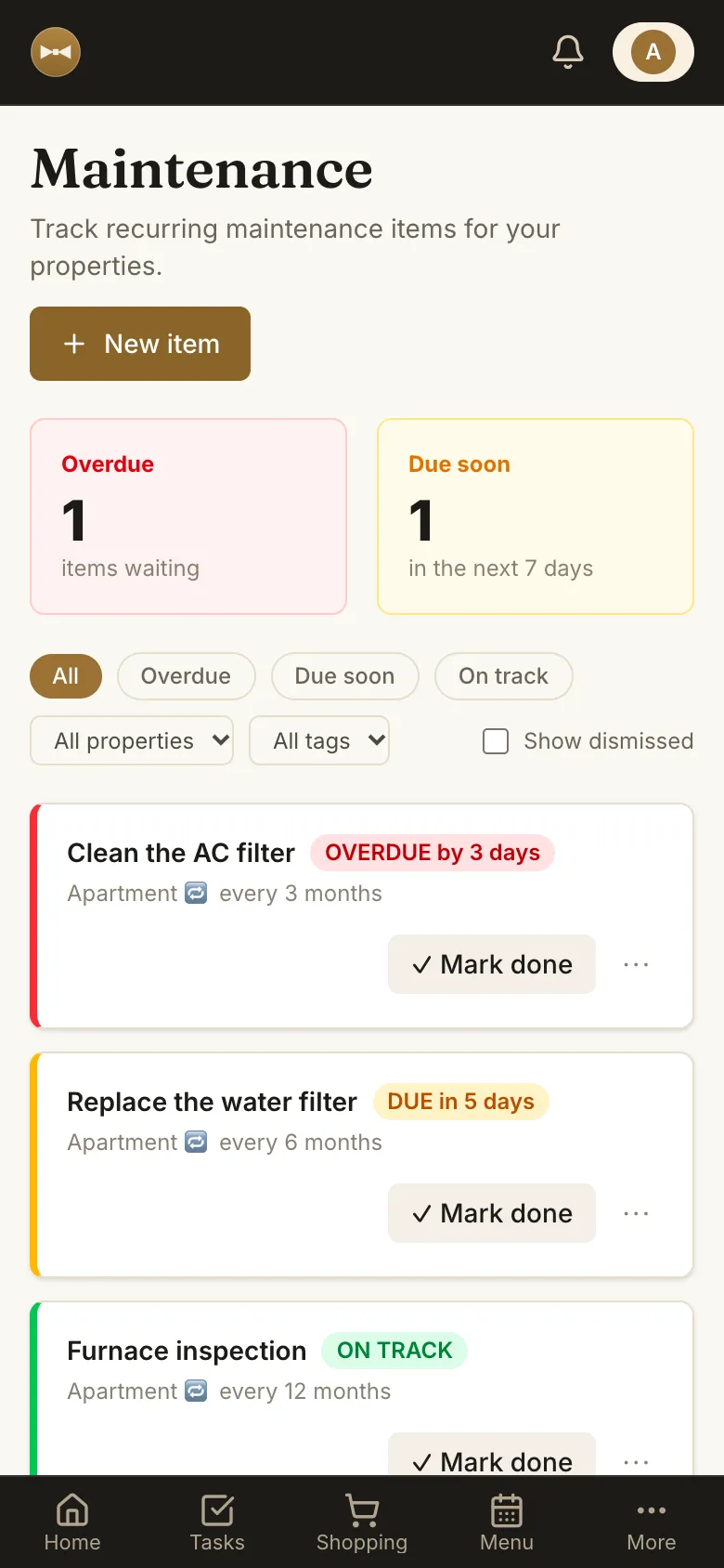 Home maintenance showing what's overdue and what's due soon