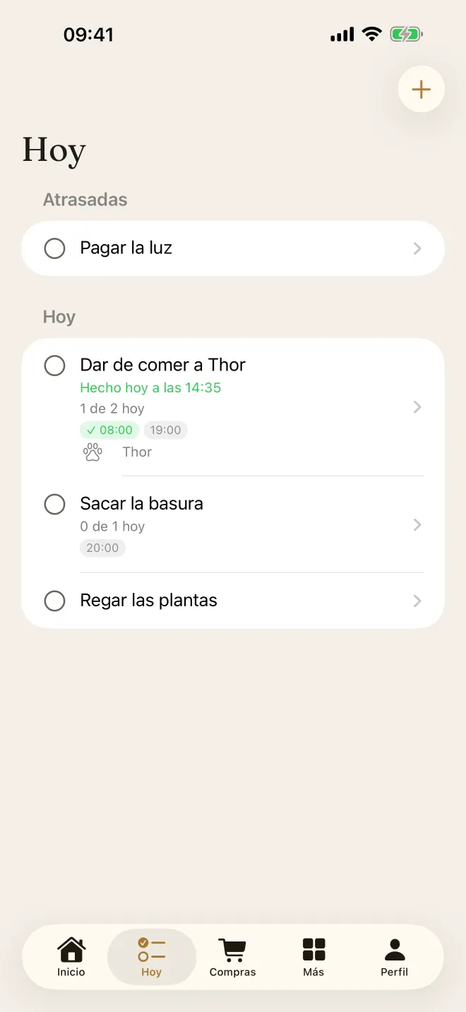 Pantalla Hoy de la app en el iPhone, con las tareas del día y sus horarios