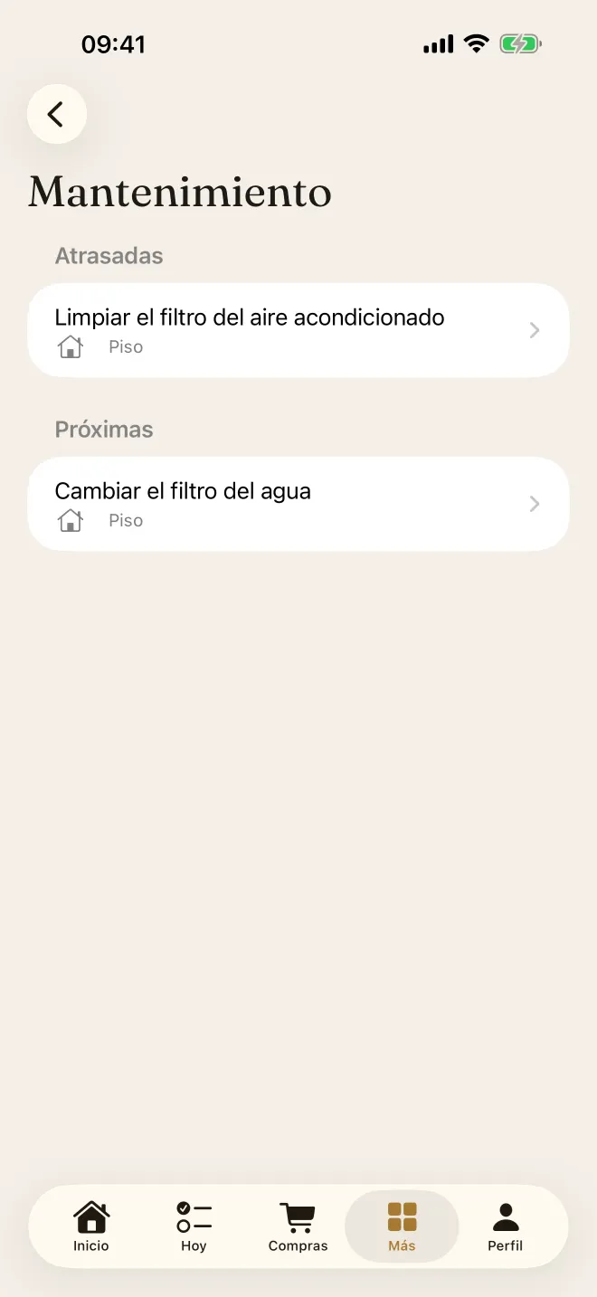 Mantenimiento de la casa con tareas vencidas y próximas
