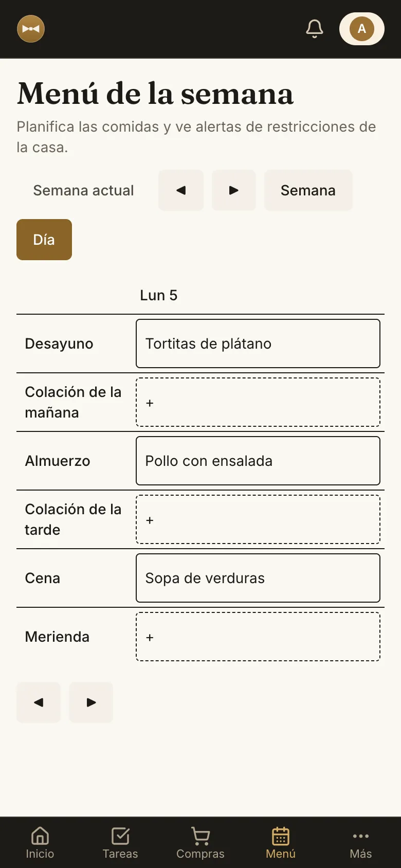 Menú de la semana con desayuno, comida y cena