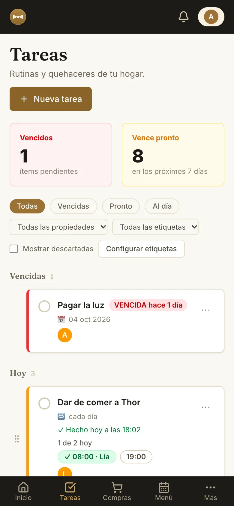 Lista de tareas de la casa con responsables, horarios y plazos