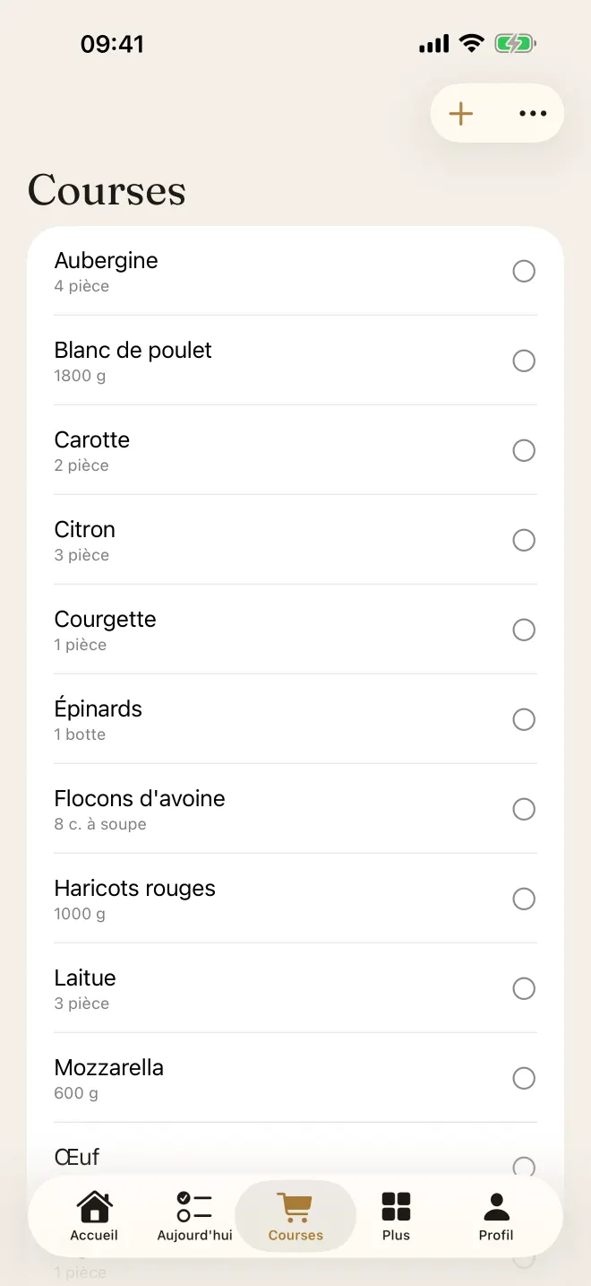 Liste de courses avec articles cochés