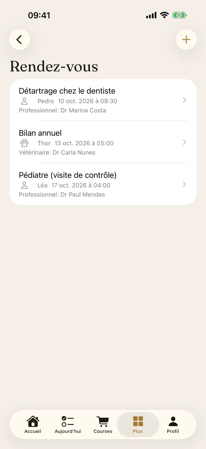 Liste des rendez-vous de la famille et de l'animal