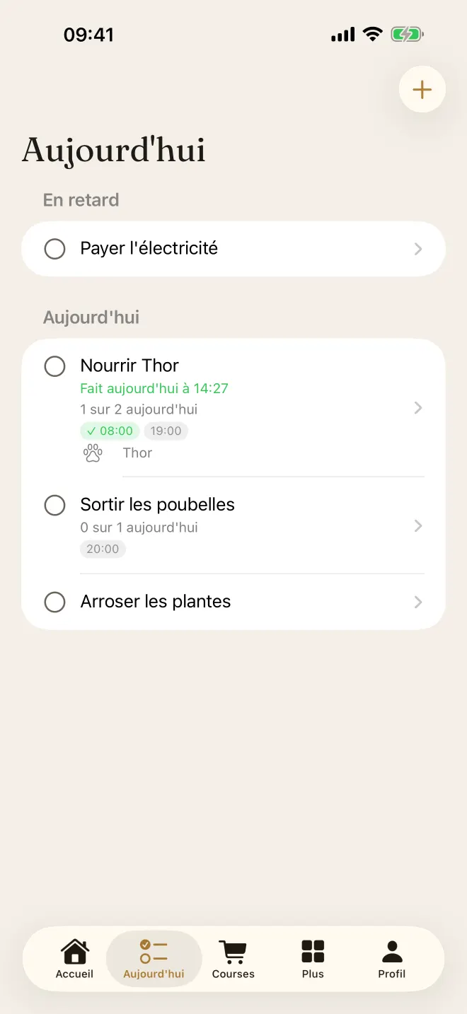 Écran Aujourd'hui de l'appli sur iPhone, avec les tâches du jour et leurs horaires