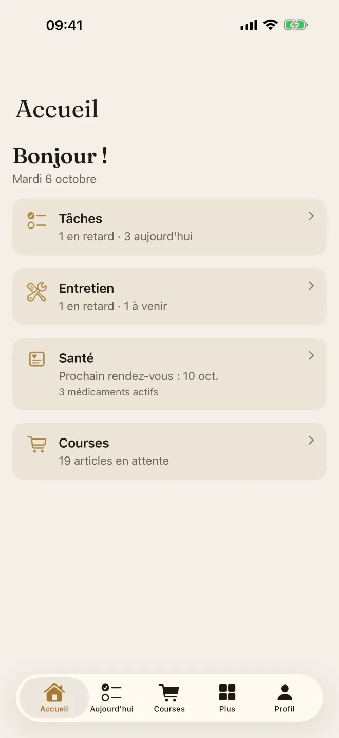 Écran Accueil avec le résumé du jour de chaque personne
