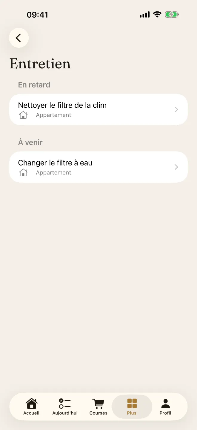 Entretien de la maison avec éléments en retard et à venir