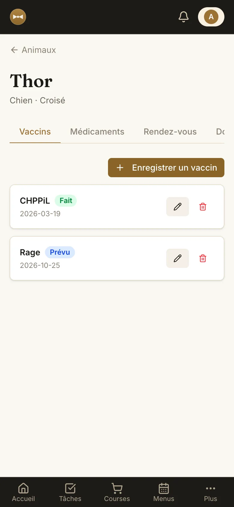 Fiche du chien Thor avec vaccins, médicaments et soins