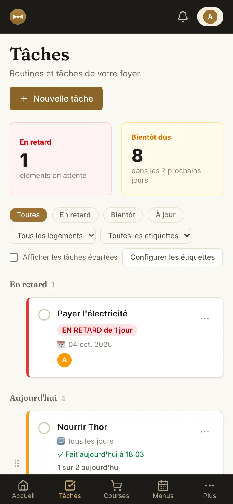 Liste des tâches de la maison avec responsables, horaires et échéances