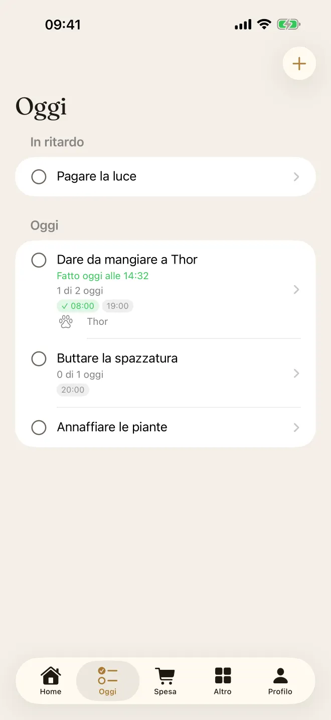 Schermata Oggi dell'app su iPhone, con le faccende del giorno e i loro orari