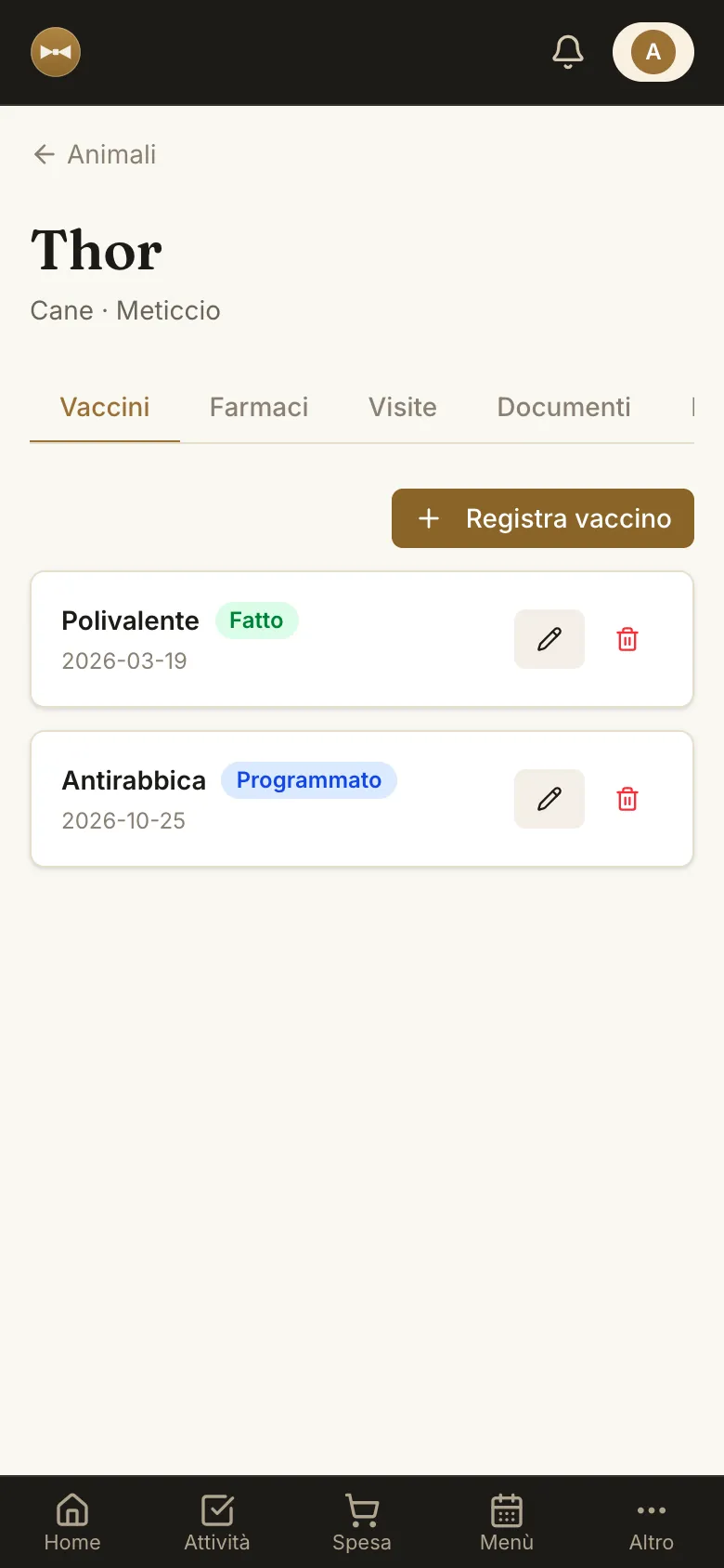 Scheda del cane Thor con vaccini, farmaci e cure