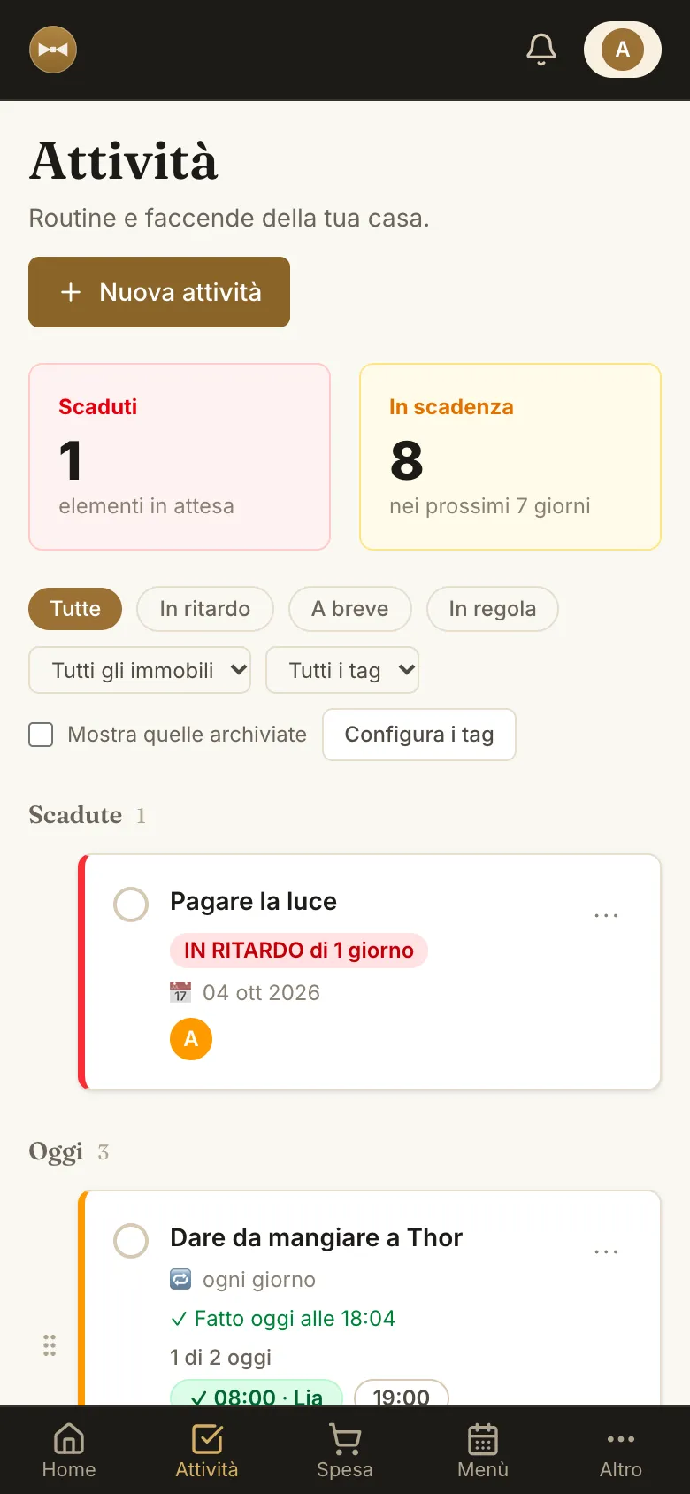 Elenco delle faccende di casa con responsabili, orari e scadenze