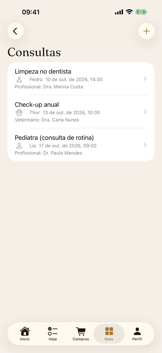 Lista de consultas da família e do pet