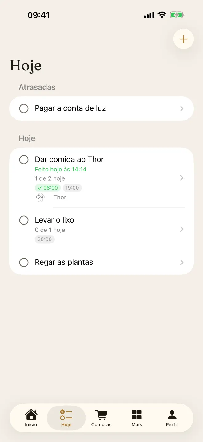 Tela Hoje do app no iPhone, com as tarefas do dia e seus horários