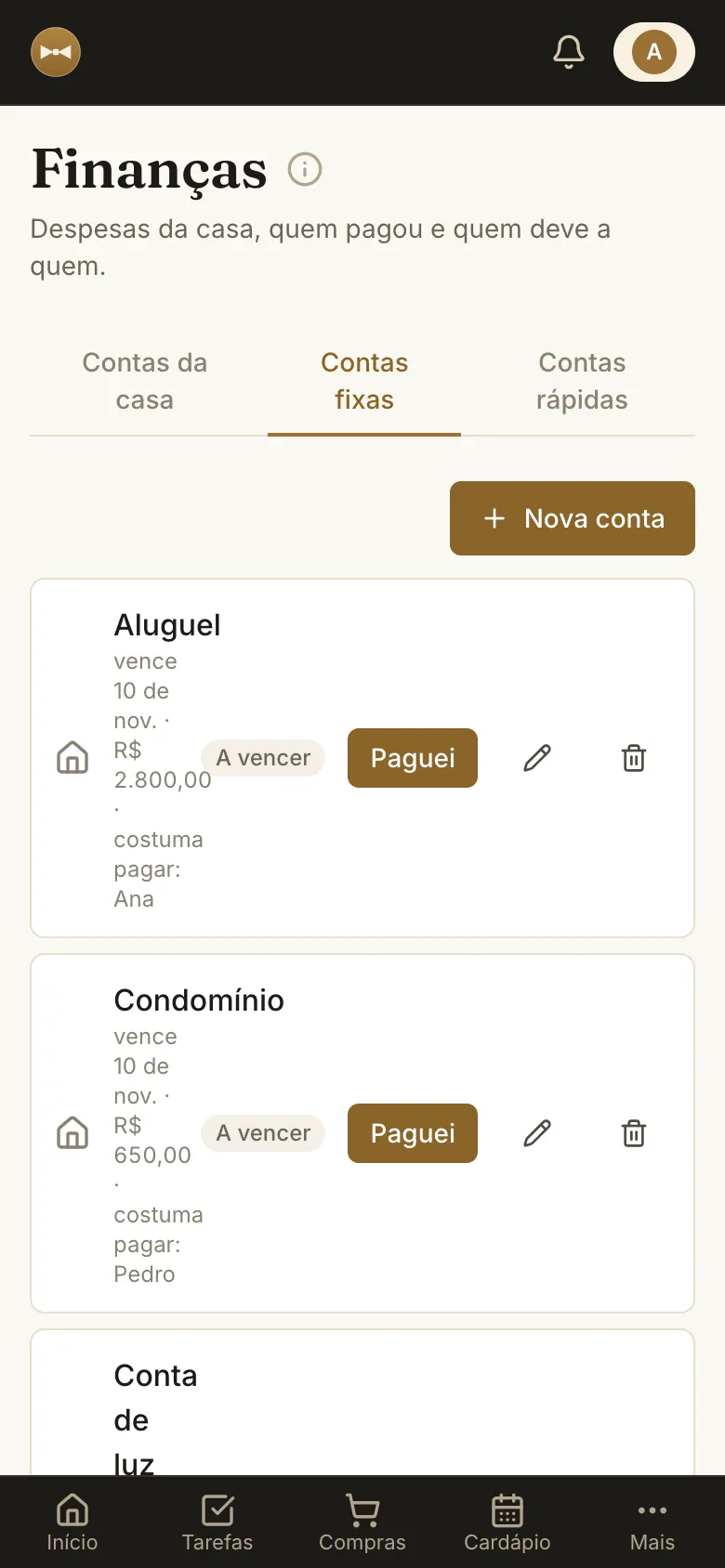Aba Contas fixas com as contas da casa, o vencimento de cada uma e quem costuma pagar