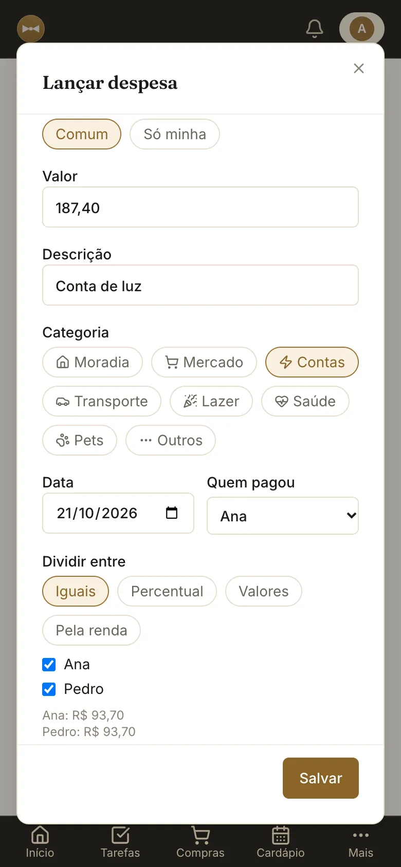 Janela Lançar despesa com valor, quem pagou e a divisão entre as pessoas da casa