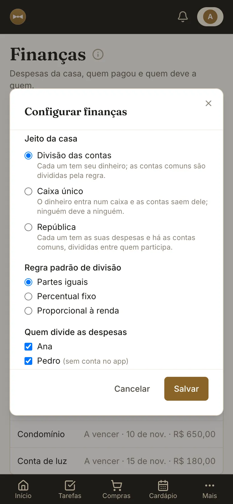 Janela Configurar finanças com o jeito da casa, a regra padrão de divisão e quem divide as despesas