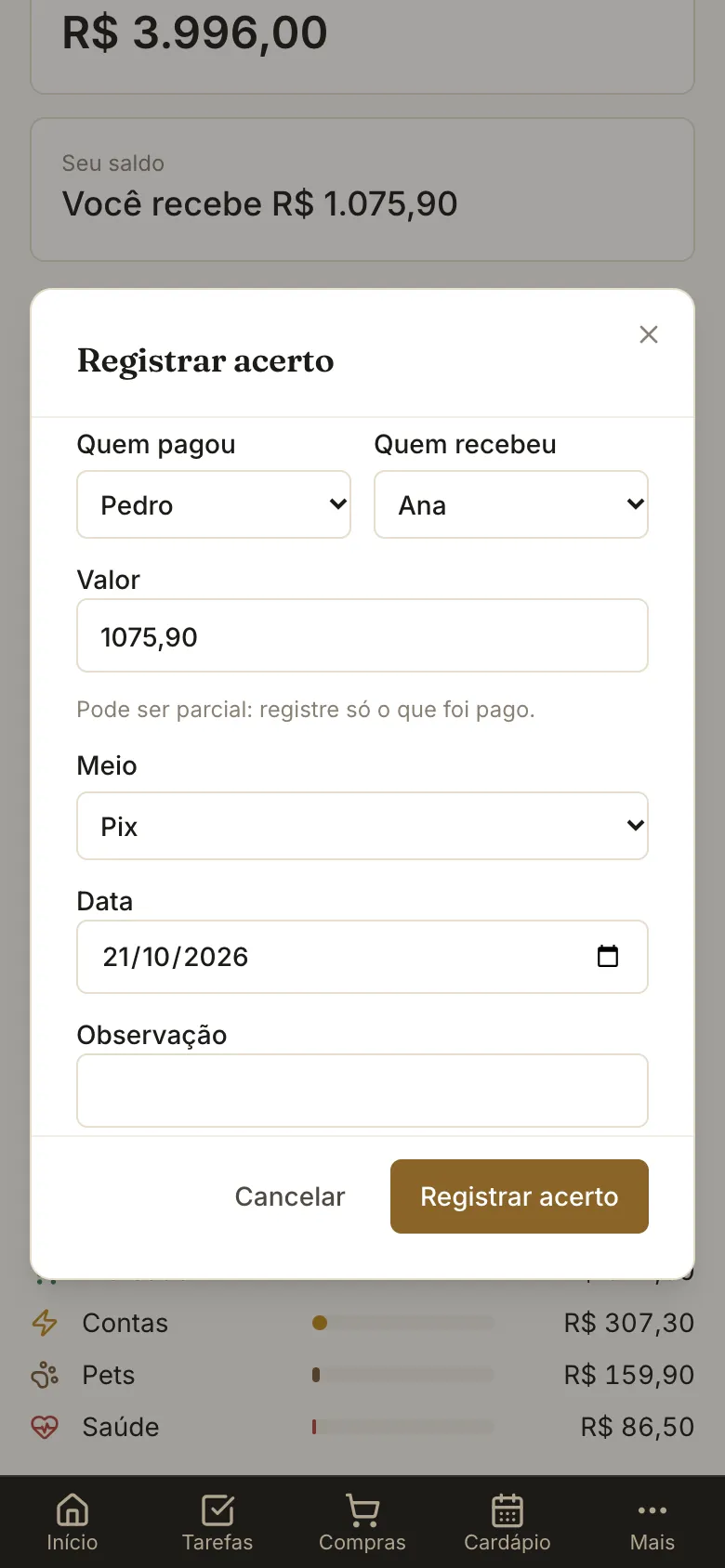 Janela Registrar acerto com quem pagou, quem recebeu, o valor e o meio de pagamento