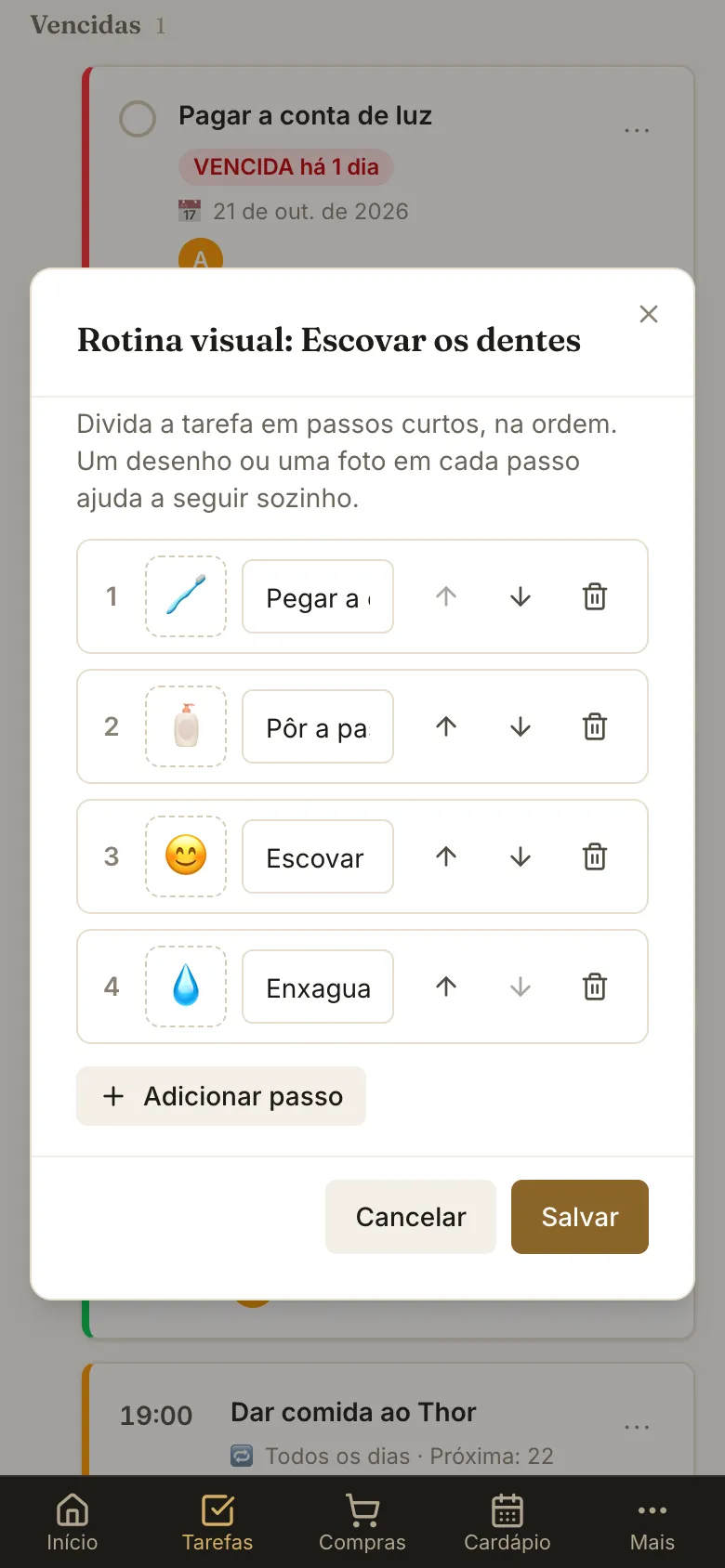 Janela Rotina visual: Escovar os dentes com quatro passos, cada um com uma figura, e a lista de figuras aberta