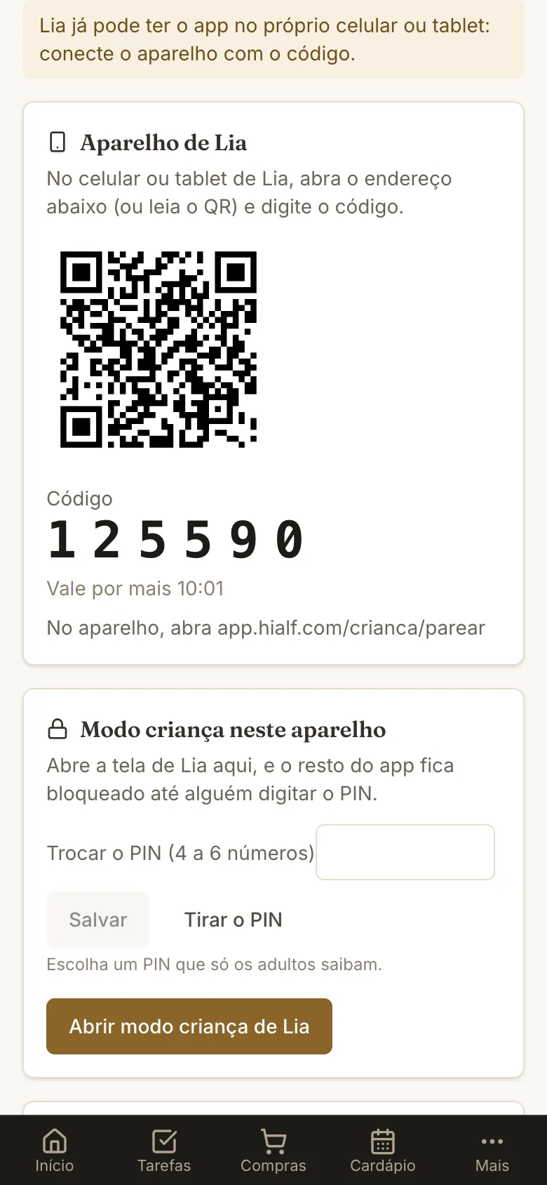 Aba Perfil da criança com o código de 6 números e o QR para conectar o aparelho da criança e o modo criança com PIN