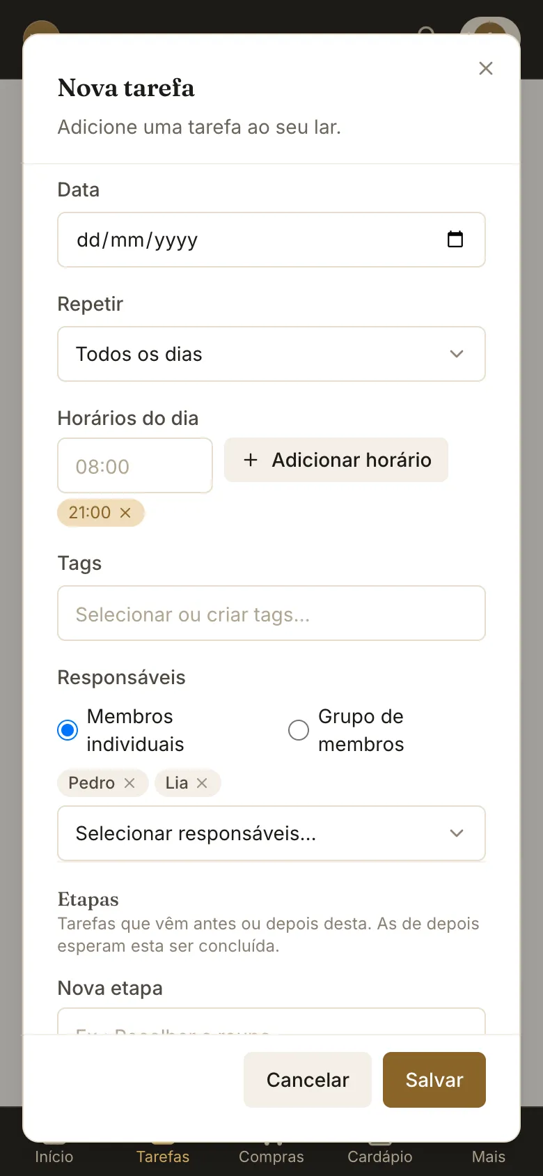 Janela Nova tarefa com Repetir em Todos os dias, o horário 21:00 e Pedro e Lia em Responsáveis