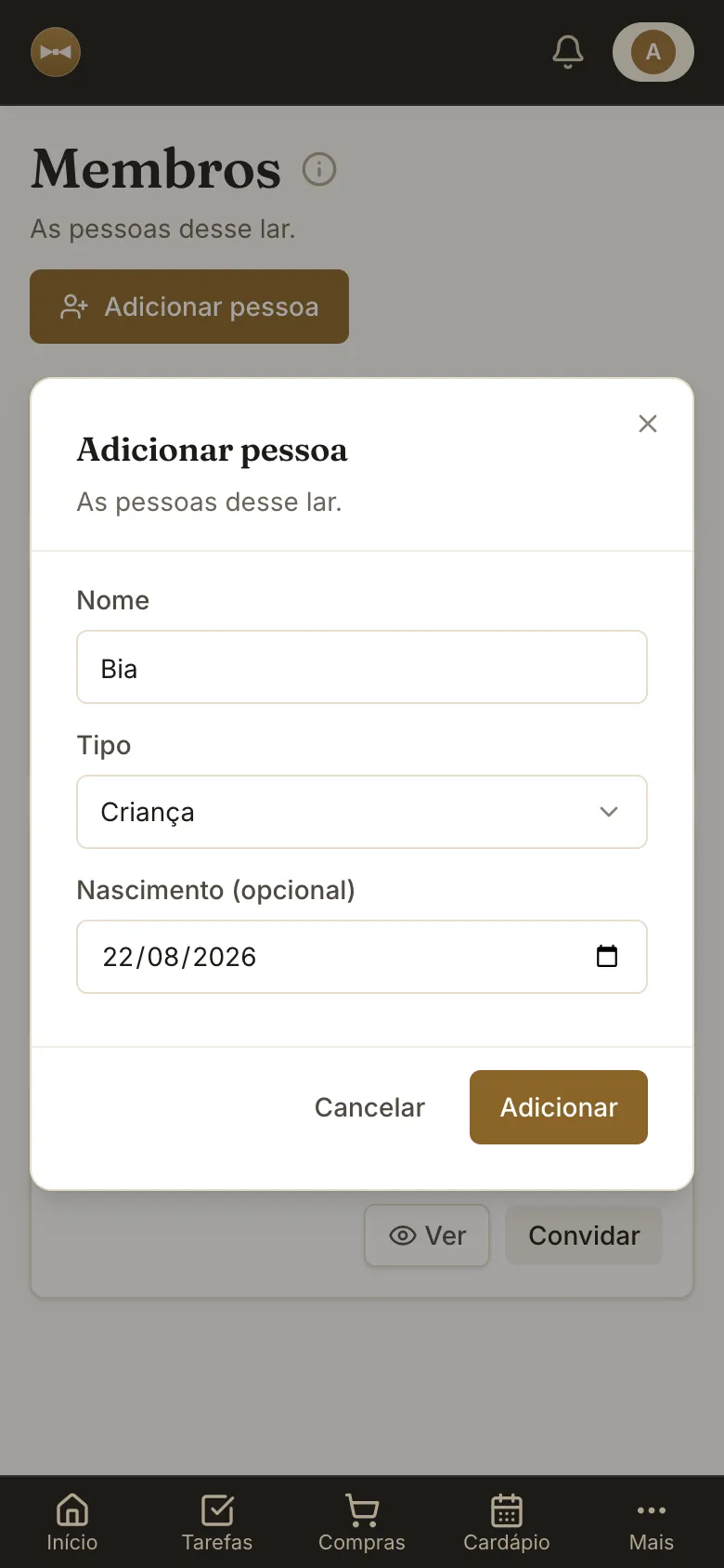 Janela Adicionar pessoa com o nome, o tipo Criança e a data de nascimento