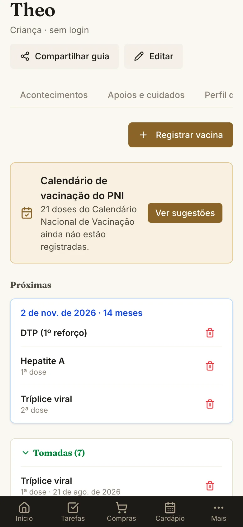 Aba Vacinação da criança com o cartão do calendário do PNI, as próximas vacinas agrupadas por data e as tomadas