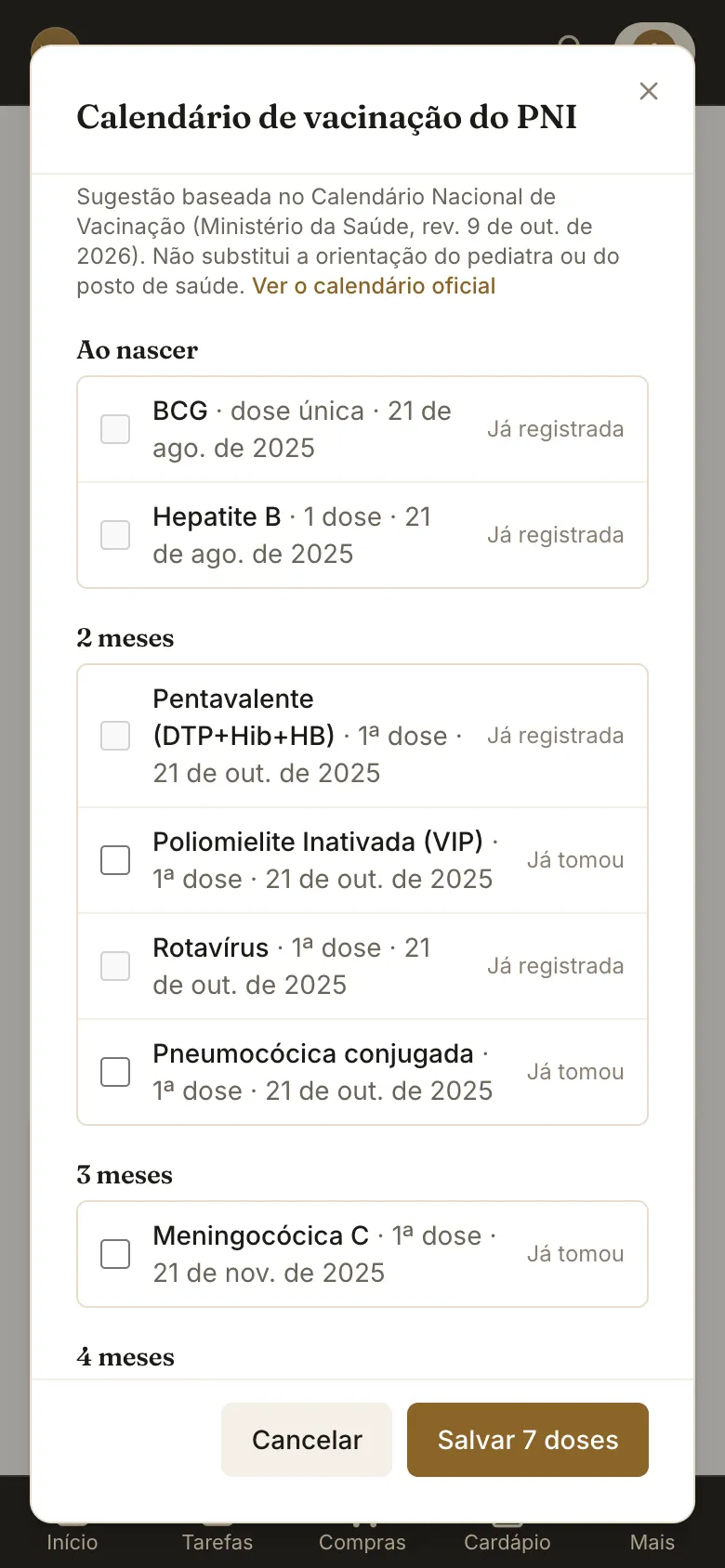 Janela Calendário de vacinação do PNI com as doses agrupadas por idade e a data sugerida de cada uma