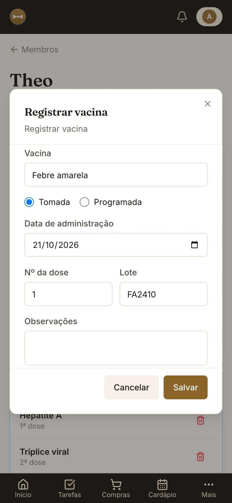 Janela Registrar vacina com o nome da vacina, a opção Tomada, a data, o número da dose e o lote