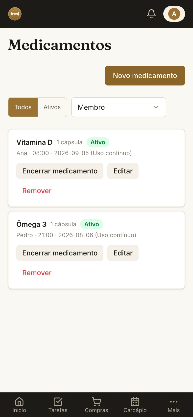 Remédios da família com doses e horários dos lembretes