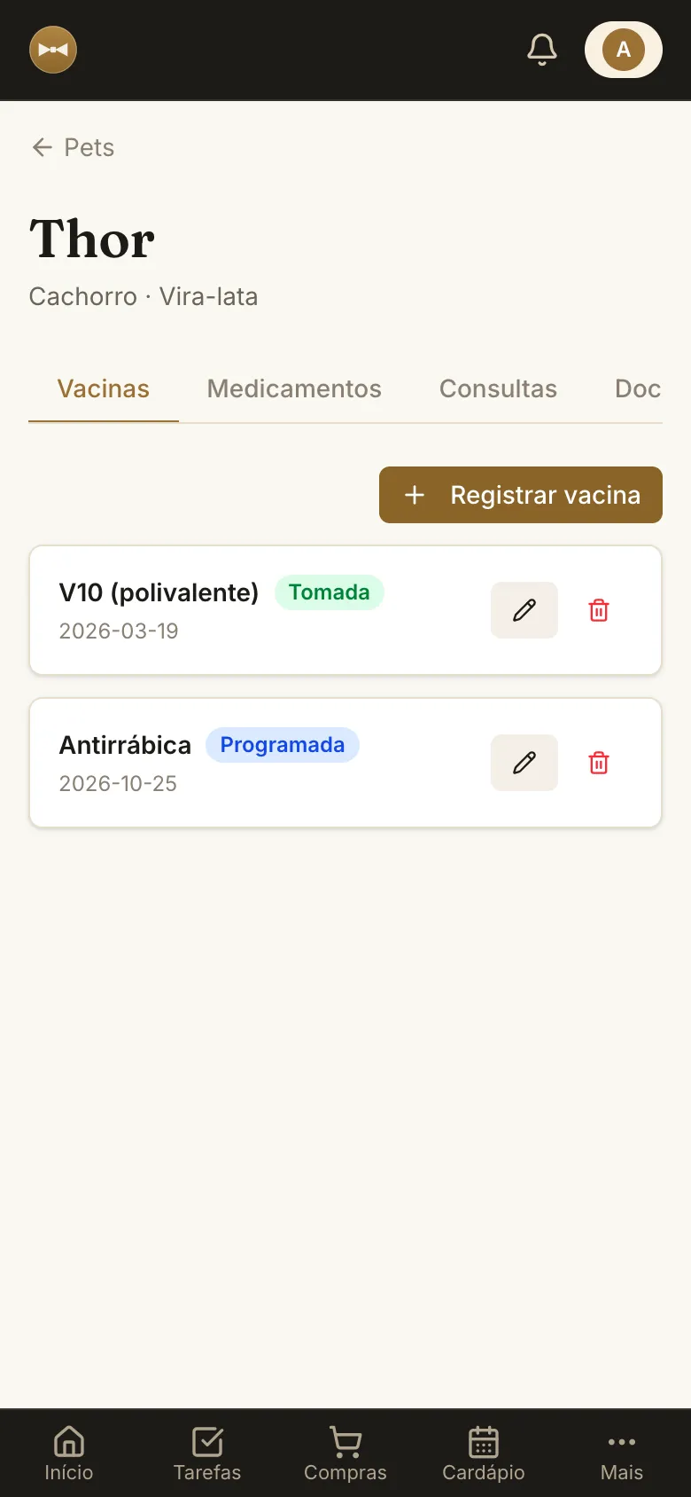 Ficha do pet Thor com vacinas, remédios e cuidados